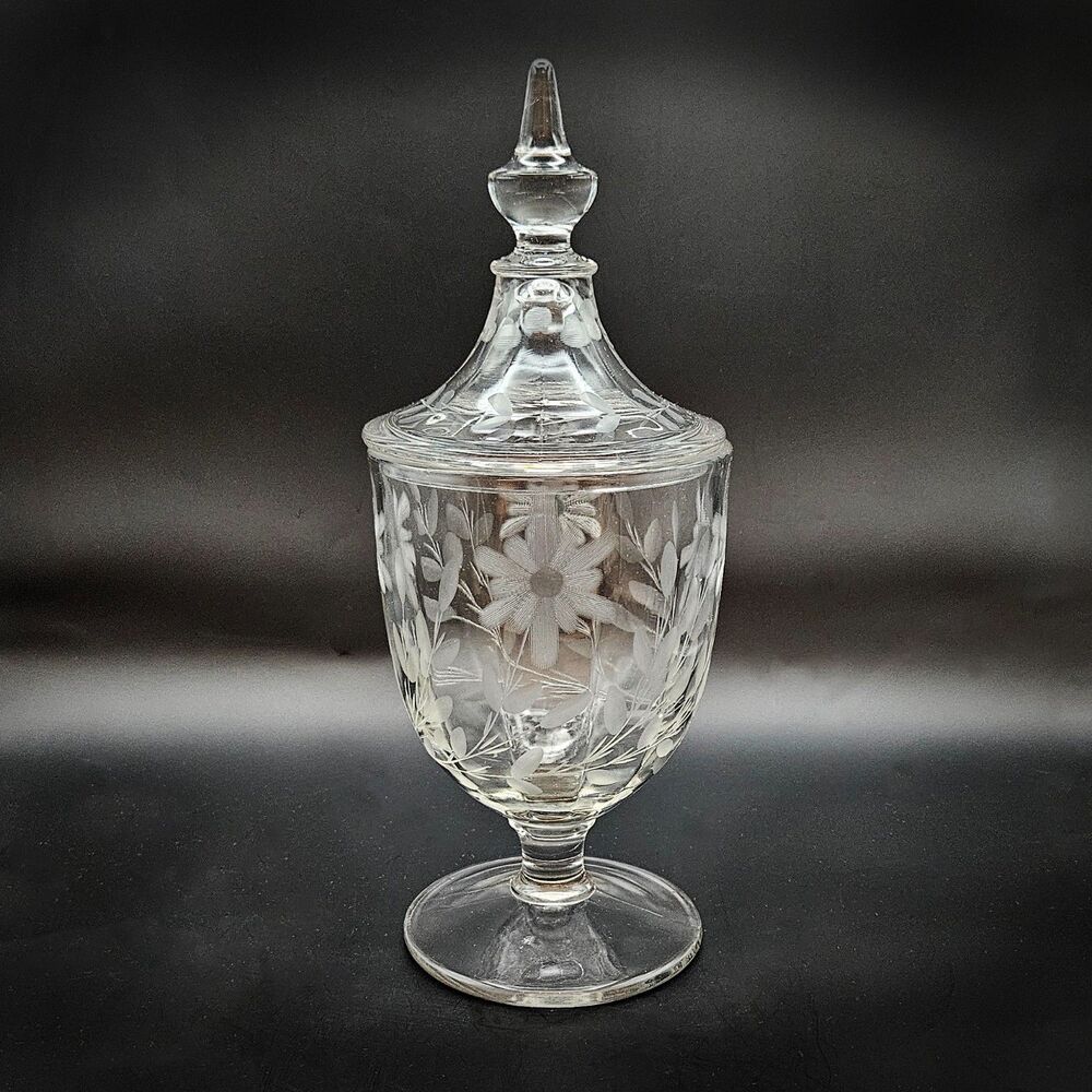 Antique Heisey Daisy Flowers Etched Covered Pedestal Candy Jar Compote
